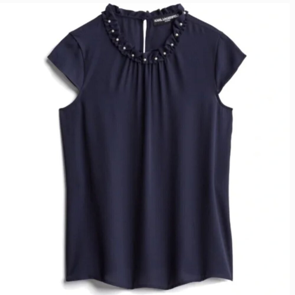 Karl Lagerfeld Paris Women's Size Large Davignon Pearl Neckline Blouse Navy Blue